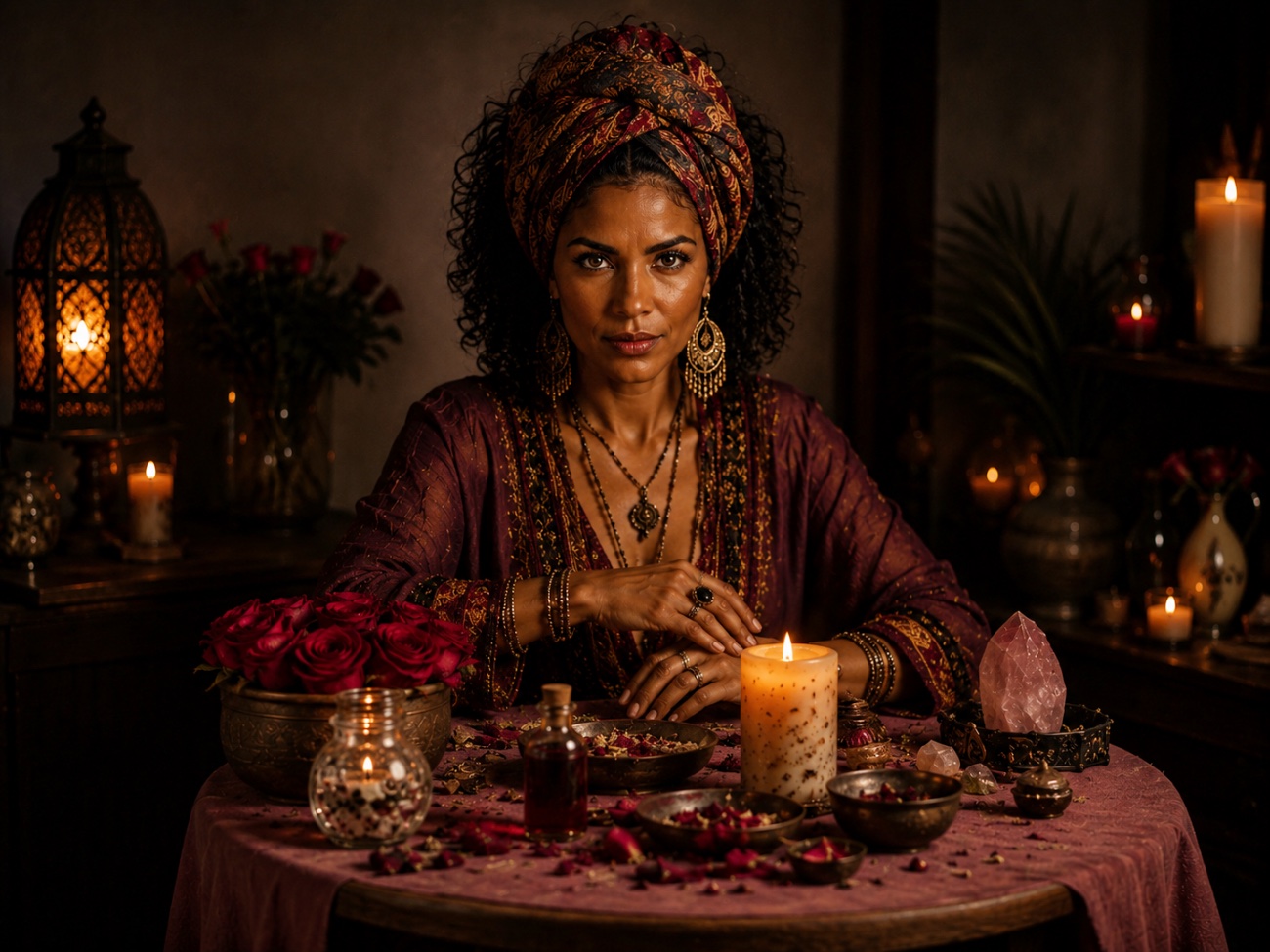 Altar de ritual de amor con rosas rojas, velas y cuarzo rosa