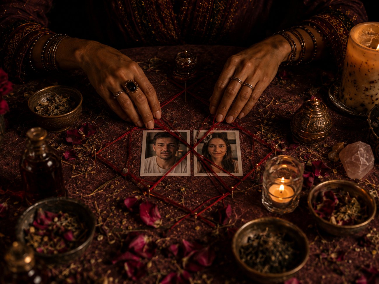 Ritual de amarre de amor con hilo rojo uniendo las fotografías de una pareja entre velas y pétalos