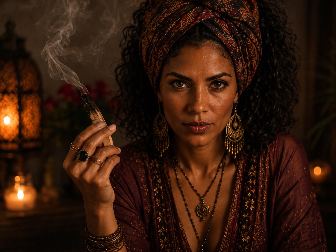 Guía espiritual realizando un ritual con palo santo entre velas y rosas